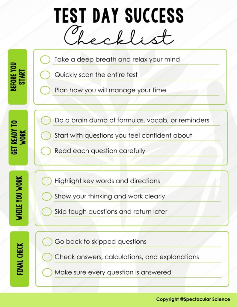 Test Day Success Checklist for students